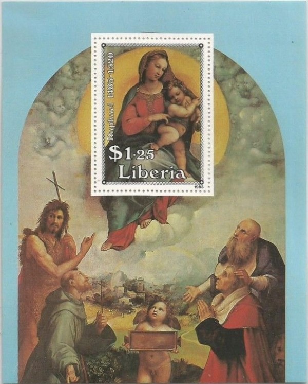 Liberia 1983 500th Anniversary of the Birth of Raphael, Paintings $1.25 Deluxe Souvenir Sheet Liberia 1983 500th Anniversary of the Birth of Raphael, Paintings $1.25 Deluxe Souvenir Sheet